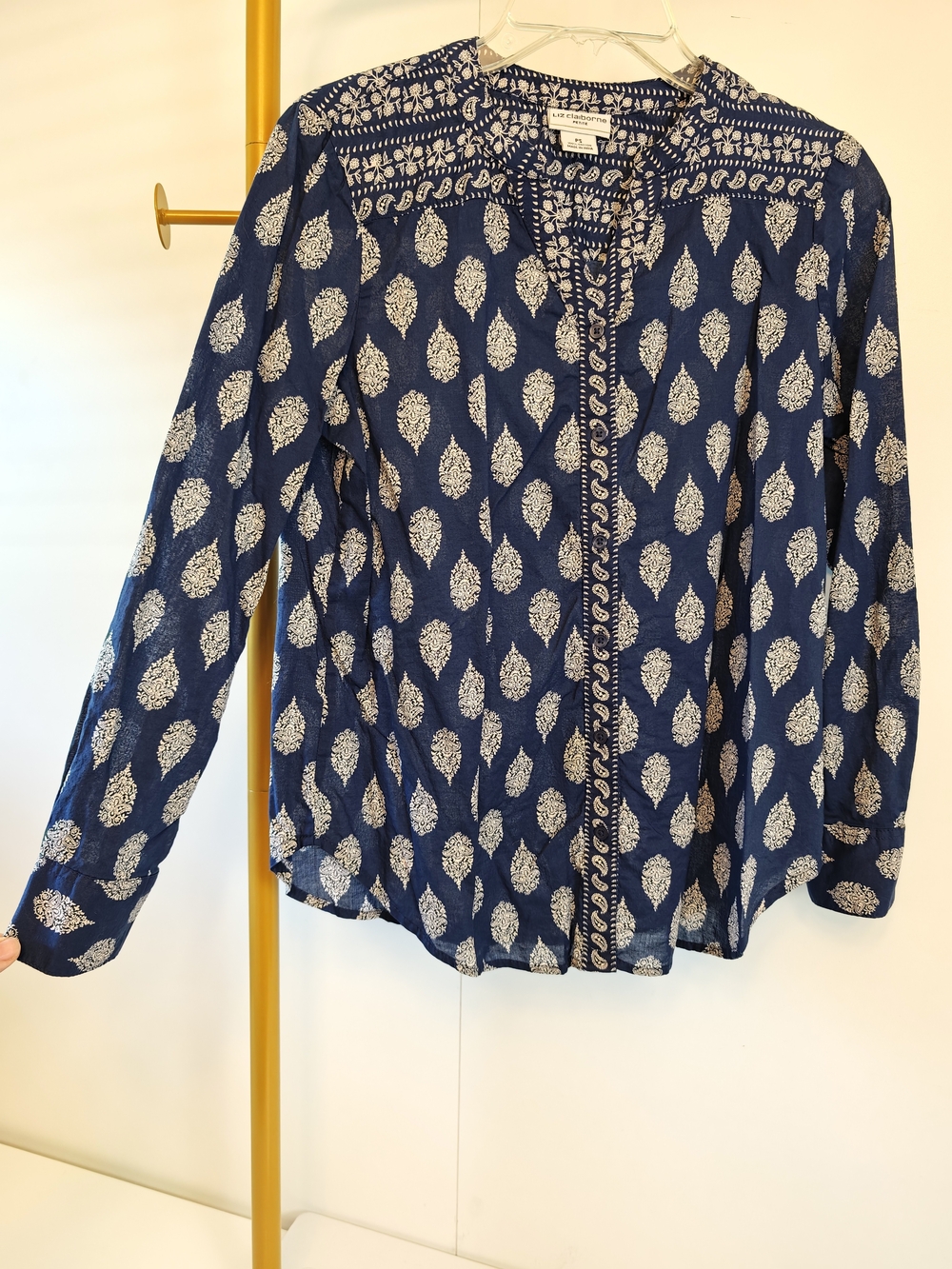 Vintage Western Paisley Soft Cotton Navy Blue Printed Long-Sleeve Top Size PS